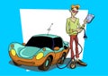 Young guy in sunglasses standing near the electric car with a mobile phone, cartoon style painting